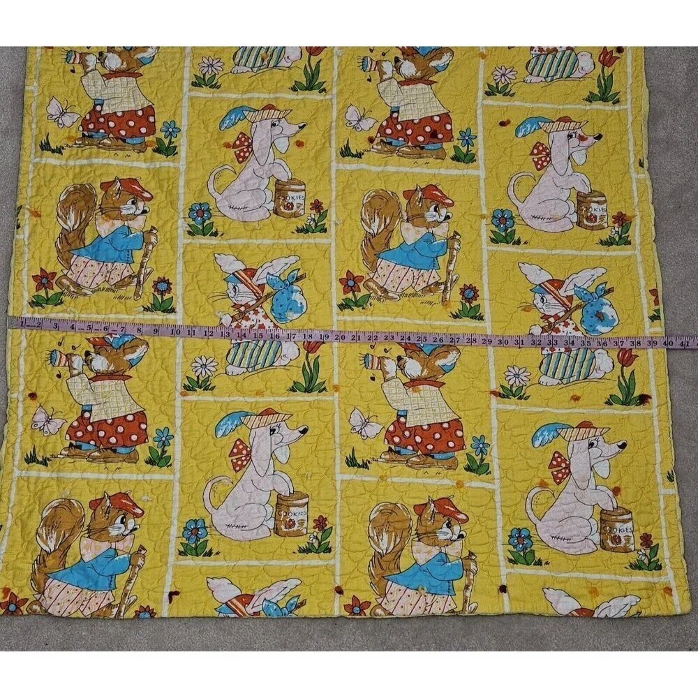 VTG Handmade Yellow Blanket Anthropomorphic Animal Dog Bunny Squirrel 40x48 READ